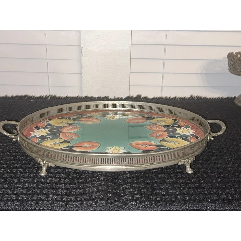 Vintage Gesetzlich‎ geschutzt Tray With Floral Porcelain/Enamel & Metal Frame